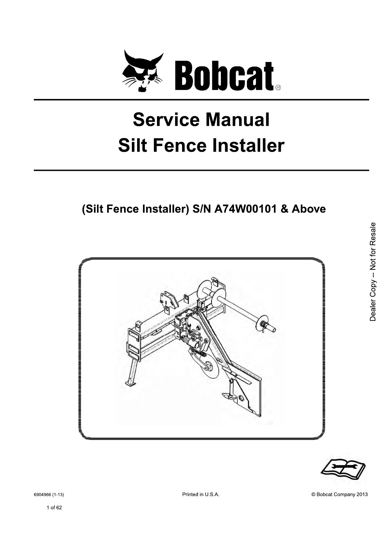 Silt Fence Installer Attachment Service Manual Bobcat